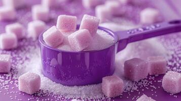 Purple Measuring Cup with Pink Sugar Cubes and Sprinkles on a Vibrant Purple Background photo