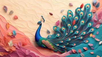 Vibrant Peacock with Colorful Feathers in Artistic Paper Cut Style Surrounded by Falling Leaves photo