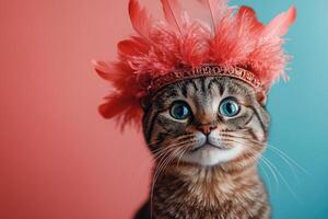 Adorable Tabby Cat Wearing a Pink Feather Headband Against a Colorful Background photo