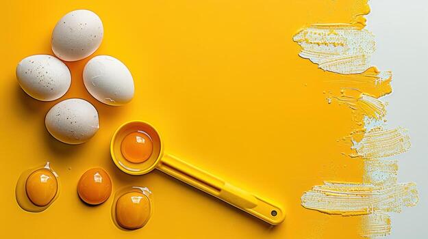 Fresh Eggs and Egg Yolks on Vibrant Yellow Background with Measuring Spoon and Artistic Brush Strokes photo