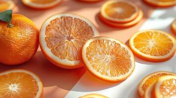 Fresh Sliced Oranges in Sunlight with Vibrant Colors and Detailed Texture on a Warm Background photo