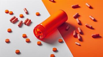 Orange Prescription Bottle with Pills Spilled on Dual-Tone Background in White and Orange photo