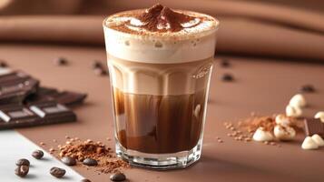 Delicious Iced Coffee with Whipped Cream and Cocoa Powder in a Glass on a Brown Background photo