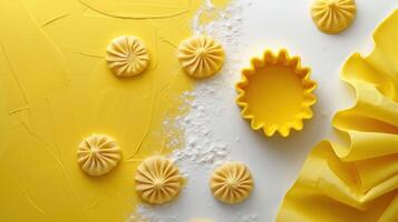 Bright Yellow Background with Pastry Dough and Cookie Cutter for Baking Concept photo