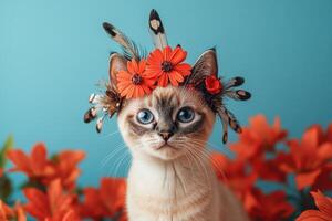 Adorable Kitten with Blue Eyes Wearing a Flower Crown Surrounded by Vibrant Orange Flowers Against a Blue Background photo
