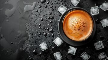 Refreshing Iced Coffee with Ice Cubes on Black Background - Perfect Summer Beverage photo