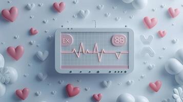 Modern Heartbeat Monitor with Pink Hearts and Balloons on Light Background - 3D Rendered Medical Concept photo