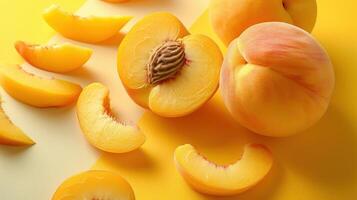 Fresh and Juicy Peaches on a Vibrant Yellow Background - Perfect for Summer and Healthy Eating Themes photo