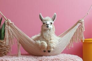 Adorable Llama Relaxing in a Hammock Against a Pink Background with Cozy Decor Elements photo