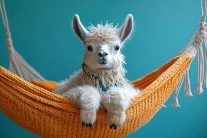 Adorable Baby Alpaca Relaxing in a Cozy Orange Hammock Against a Vibrant Teal Background photo