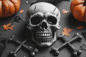 Halloween Skull and Crossbones with Pumpkins and Autumn Leaves on Black Background photo