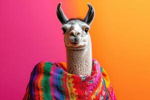 Vibrant Llama Portrait with Colorful Blanket Against a Bright Gradient Background photo