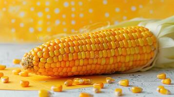 Fresh Yellow Corn on the Cob with Kernels on a Rustic White Table and Bright Yellow Background photo