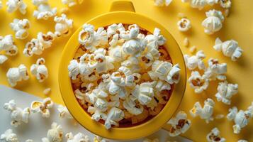 Bright Yellow Bowl Filled with Freshly Popped Popcorn on a Yellow Background with Scattered Popcorn Kernels photo