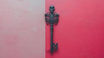 Vintage Skeleton Key with Ribcage Design on Dual-Tone Pink and Red Background - Unique Gothic Decor photo