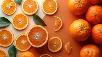 Fresh Oranges and Slices on a Colorful Background with Green Leaves - Vibrant Citrus Fruit Arrangement photo