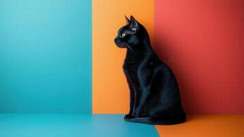 Elegant Black Cat Sitting Against Colorful Geometric Background with Blue, Orange, and Red Panels photo