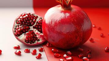 Fresh and Juicy Pomegranate with Seeds on a Red and White Background - High-Quality Close-Up Image photo