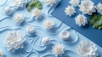 Elegant White Lotus Flowers on Blue Background with Textured Patterns and Green Leaves photo