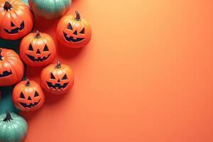 Festive Halloween Pumpkins with Carved Faces on Orange Background for Seasonal Decoration and Celebration photo