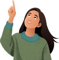 Young woman pointing up with index finger while smiling- vector