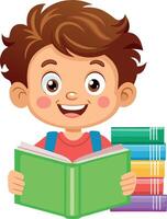 Happy schoolboy reading a book with stack of books vector