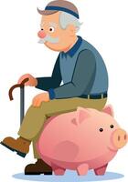 senior person sitting on piggy bank in the shape of a piglet- vector