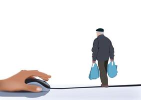 Senior man walking towards online shopping cart controlled by a hand vector