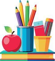 Bright colored pencils in a can sitting on books for school vector