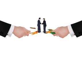 Two businessmen shaking hands on a world map held by giant hands vector