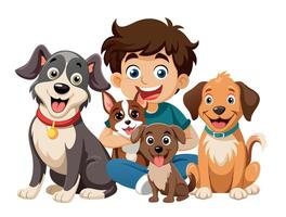 Happy boy smiling and posing with four dogs on white background vector