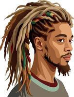 Young black man with dreadlocks is looking aside on white background- vector