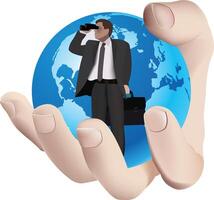 Businessman standing on earth held in hand watching through binoculars vector