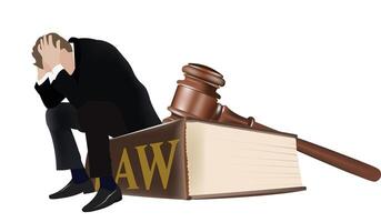 Businessman suffering from stress sitting on law book with gavel vector