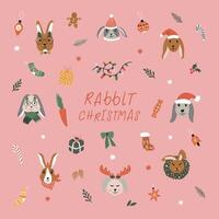 Christmas bundle with cute rabbits and elements. vector