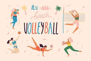 Beach volleyball players in dynamic poses. vector