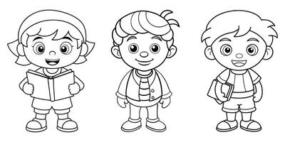 happy child with book ,cartoon creacter coloring page for kid vector