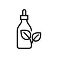 Essential oil bottle with leaves outline icon. Organic product symbol. Editable stroke vector