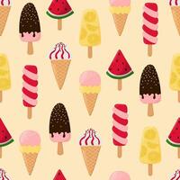 Ice cream seamless pattern. Popsicles and waffle cones with ice cream. Background for poster, print, cards, wrapping paper, clothes decoration and ice cream shop vector