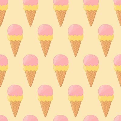 Ice cream seamless pattern. Waffle cone with scoops of ice cream. Background for poster, print, cards, wrapping paper, clothes decoration and ice cream shop