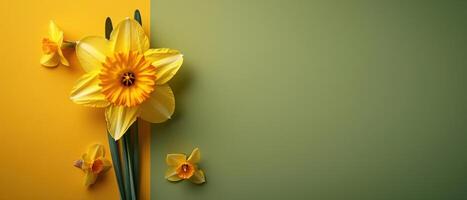 Vibrant Yellow Daffodils on Split Yellow and Green Background with Copy Space photo