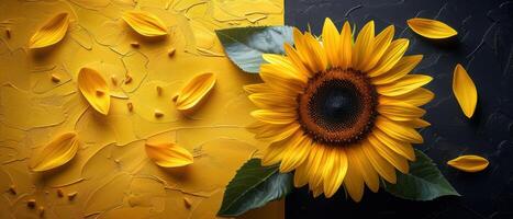 Vibrant Sunflower on Textured Yellow and Black Background with Petals and Leaves photo