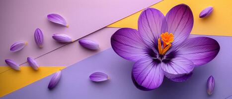 Vibrant Purple Flower with Petals on Colorful Geometric Background photo