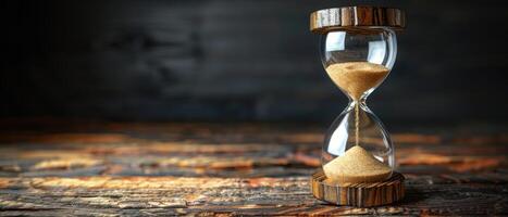 Rustic Wooden Hourglass with Flowing Sand on Weathered Wooden Table in Dimly Lit Room photo