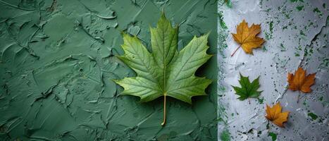 Colorful Autumn Leaves on Textured Green and White Background photo