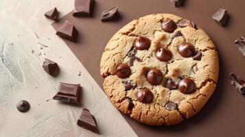 Delicious Chocolate Chip Cookie with Chunks of Dark Chocolate on a Rustic Background photo