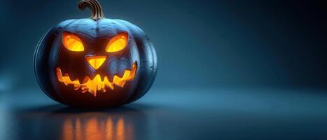Spooky Halloween Jack-o'-Lantern with Glowing Eyes and Grinning Face in Dark Blue Background photo