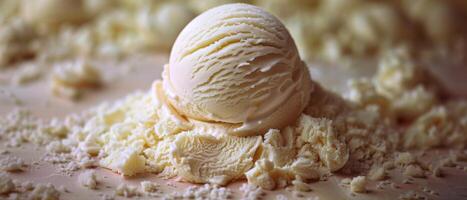 Close-Up of a Vanilla Ice Cream Scoop on a Bed of Shaved White Chocolate photo