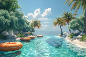 Tropical Paradise with Crystal Clear Water, Palm Trees, and Inflatable Rings on a Sunny Day photo