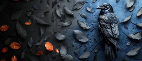 Elegant Black Raven Surrounded by Black and Orange Leaves on a Dark Background photo
